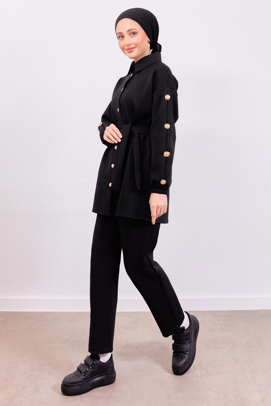 Tesettür giyim SİYAH KUŞAKLI SCUBA PANTOLONLU TAKIM T 0453
