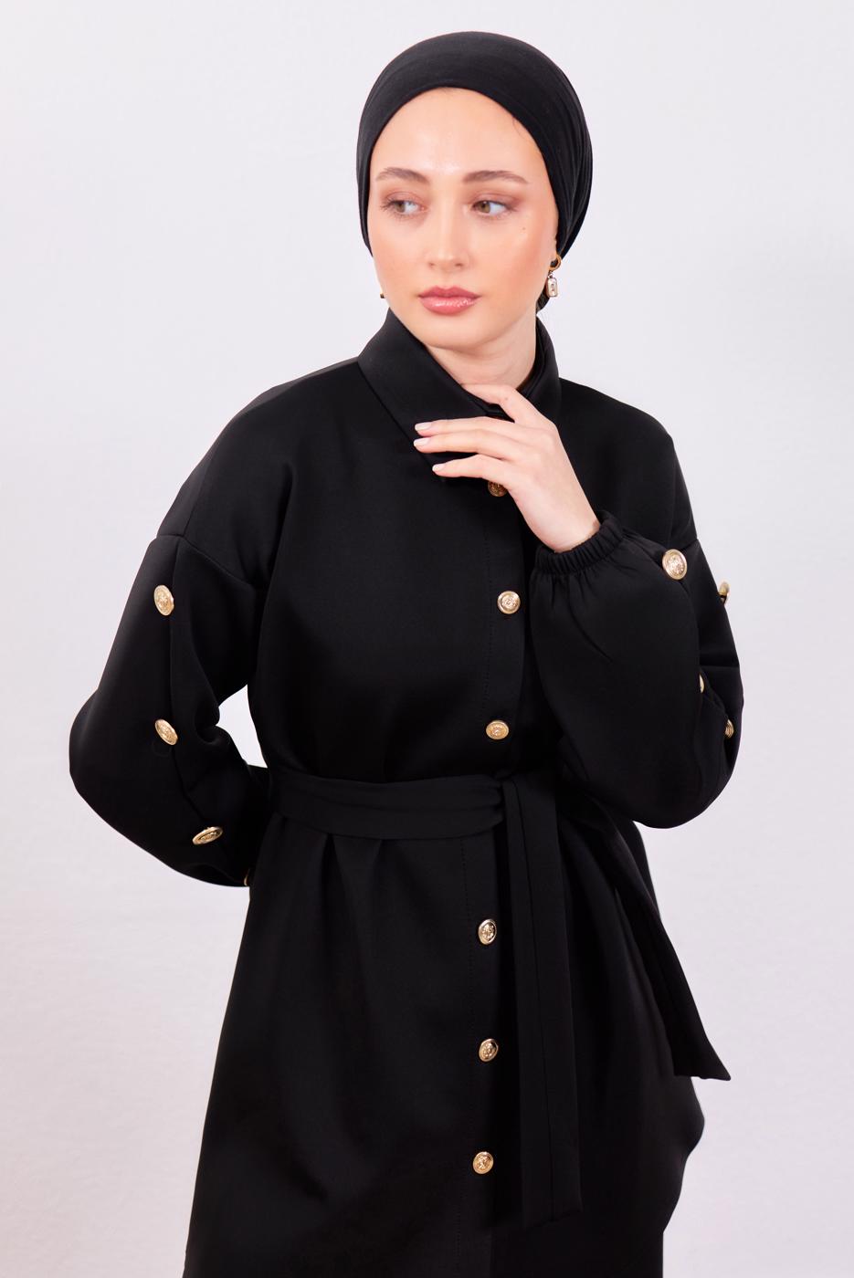 Tesettür giyim SİYAH KUŞAKLI SCUBA PANTOLONLU TAKIM T 0453