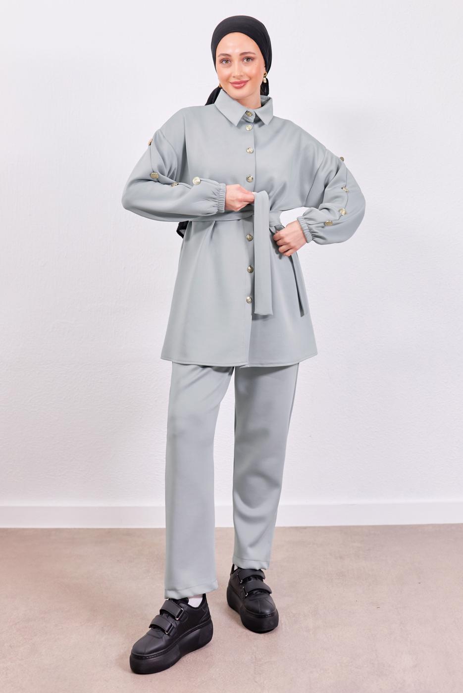 Tesettür giyim GRİ KUŞAKLI SCUBA PANTOLONLU TAKIM T 0453