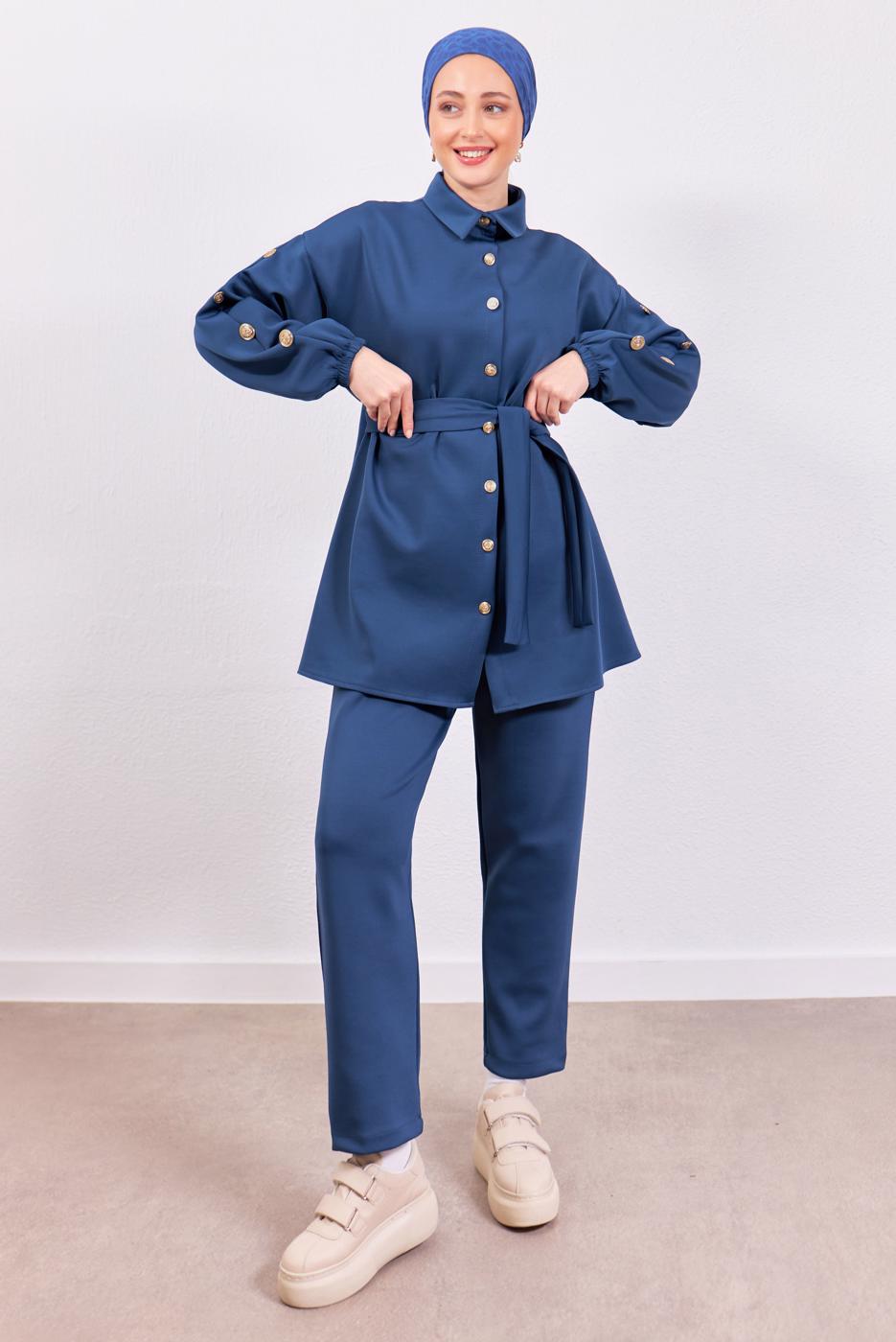 Tesettür giyim LACİVERT KUŞAKLI SCUBA PANTOLONLU TAKIM T 0453