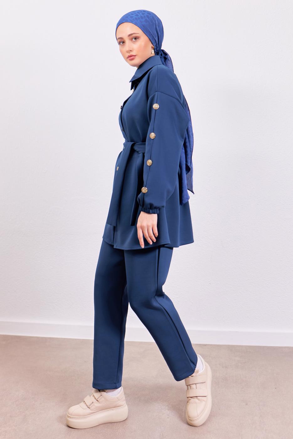 Tesettür giyim LACİVERT KUŞAKLI SCUBA PANTOLONLU TAKIM T 0453