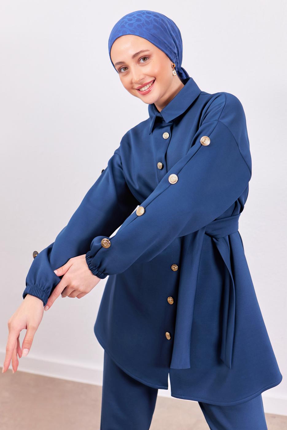 Tesettür giyim LACİVERT KUŞAKLI SCUBA PANTOLONLU TAKIM T 0453