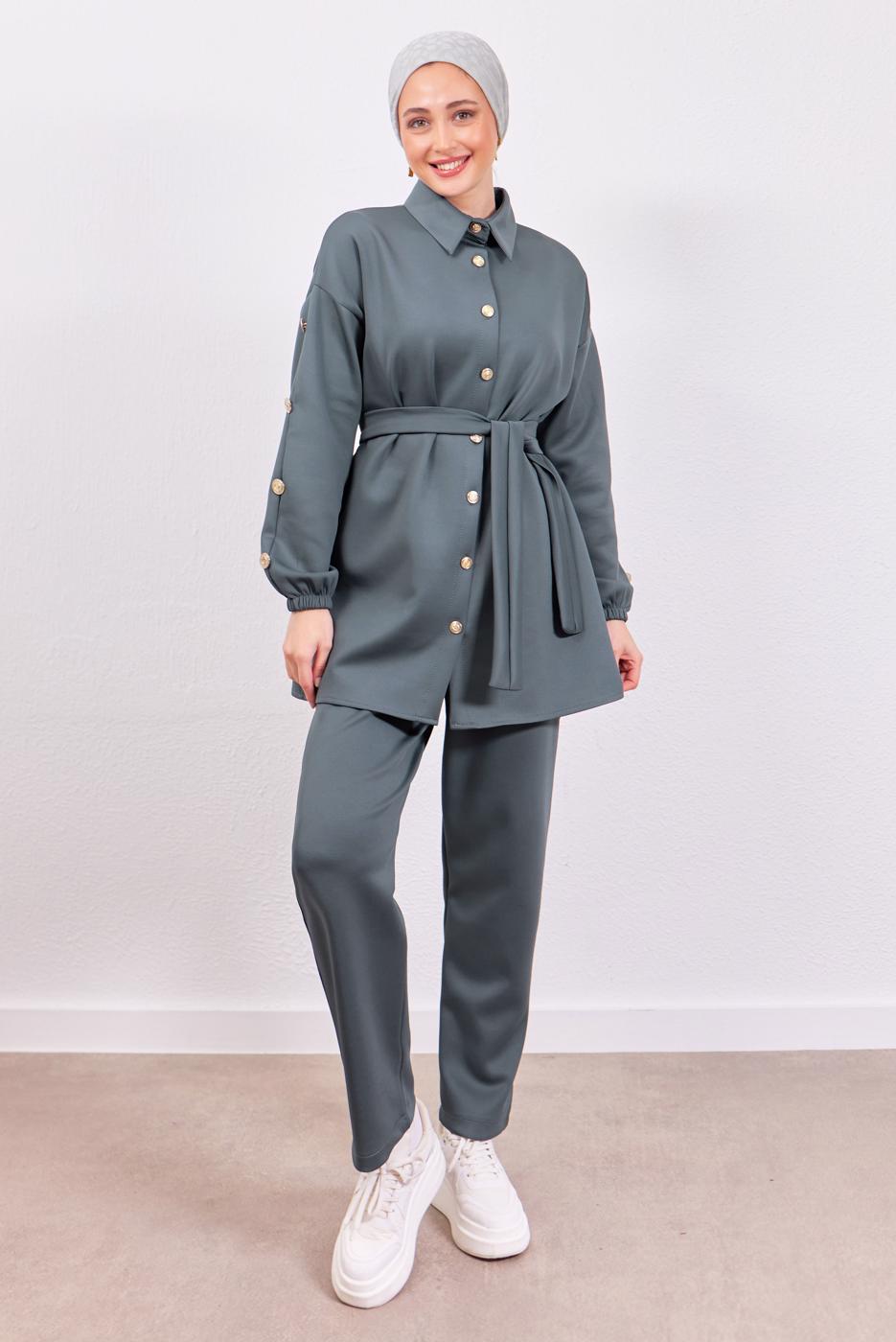 Tesettür giyim GRİ KUŞAKLI SCUBA PANTOLONLU TAKIM T 0453