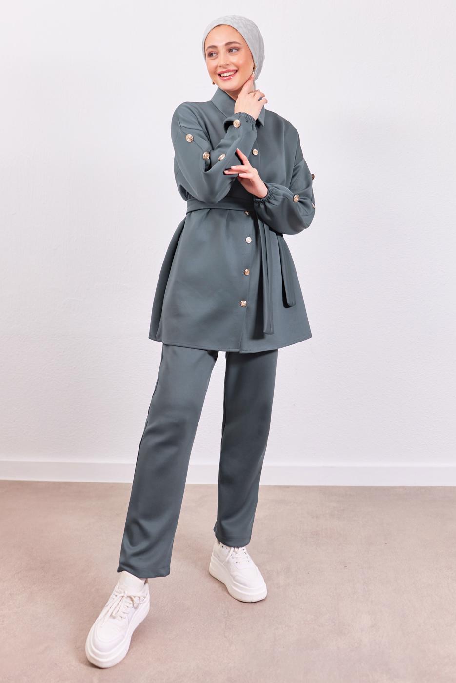 Tesettür giyim GRİ KUŞAKLI SCUBA PANTOLONLU TAKIM T 0453