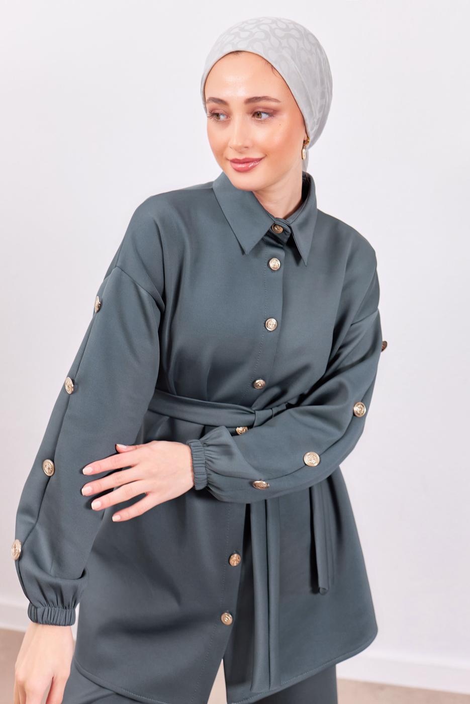 Tesettür giyim GRİ KUŞAKLI SCUBA PANTOLONLU TAKIM T 0453