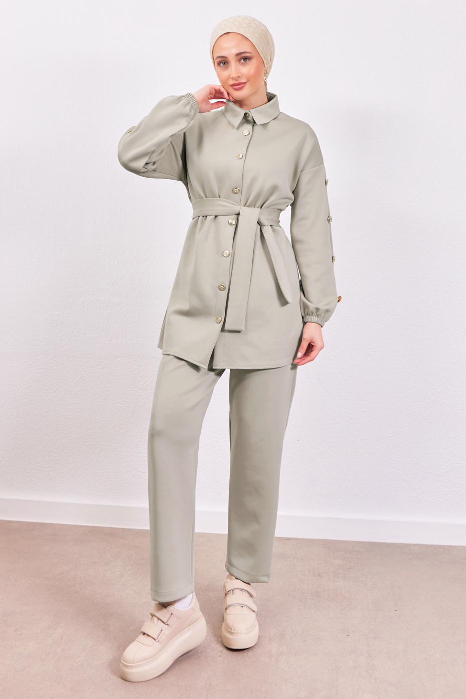Tesettür giyim KUM KUŞAKLI SCUBA PANTOLONLU TAKIM T 0453