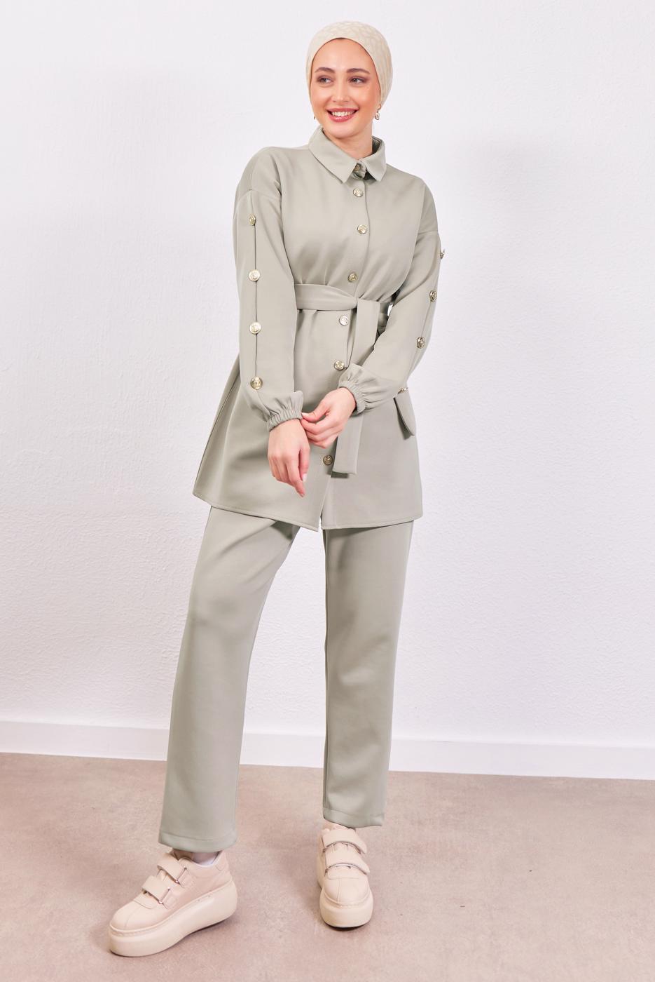 Tesettür giyim KUM KUŞAKLI SCUBA PANTOLONLU TAKIM T 0453