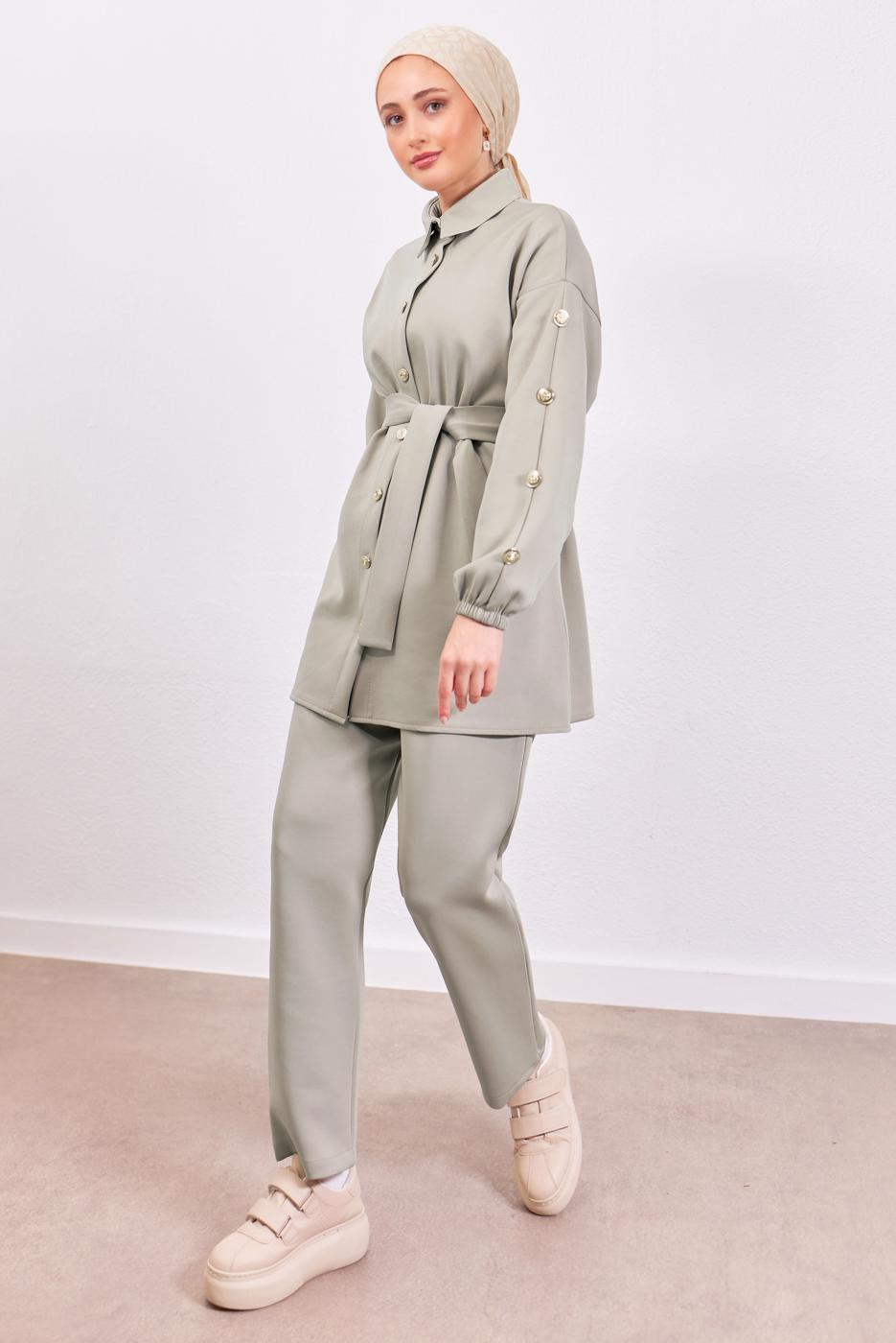 Tesettür giyim KUM KUŞAKLI SCUBA PANTOLONLU TAKIM T 0453
