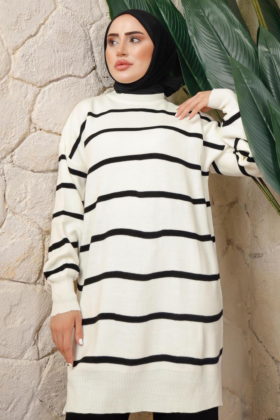 Tesettür giyim SİYAH ÇİZGİLİ PANTOLONLU TRİKO TAKIM T 0508