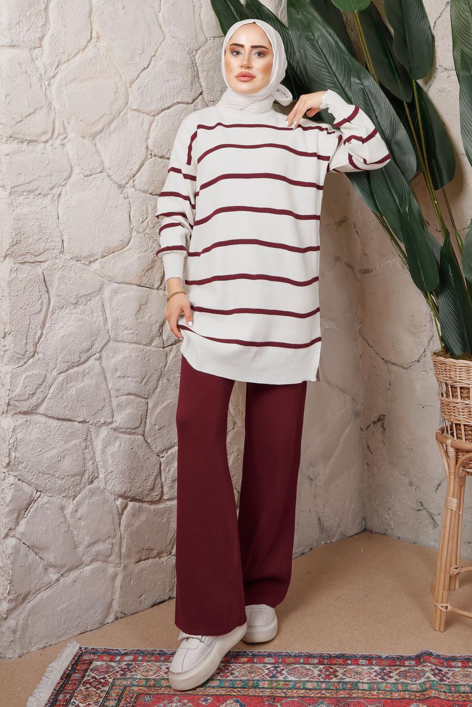 Tesettür giyim BORDO ÇİZGİLİ PANTOLONLU TRİKO TAKIM T 0508