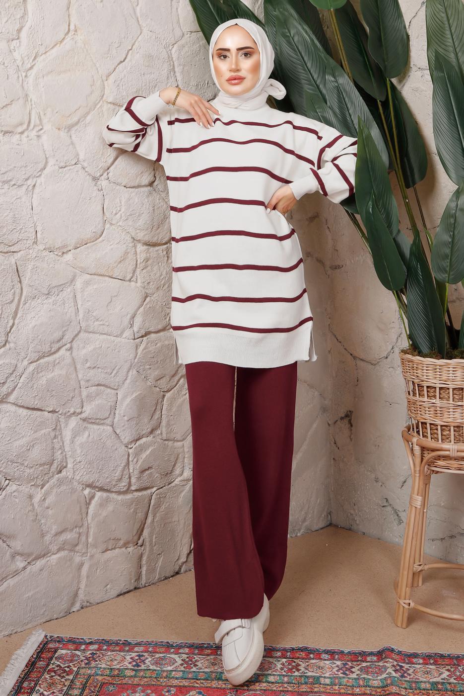 Tesettür giyim BORDO ÇİZGİLİ PANTOLONLU TRİKO TAKIM T 0508