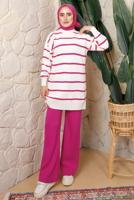 Tesettür giyim FUŞYA ÇİZGİLİ PANTOLONLU TRİKO TAKIM T 0508