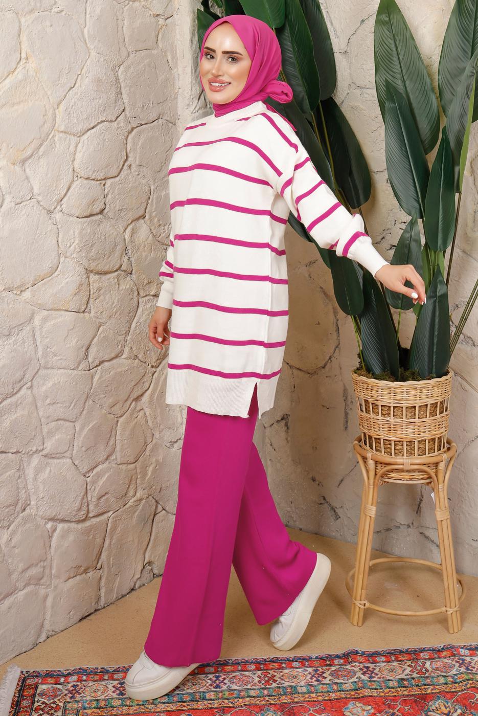Tesettür giyim FUŞYA ÇİZGİLİ PANTOLONLU TRİKO TAKIM T 0508
