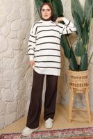 Tesettür giyim KAHVE ÇİZGİLİ PANTOLONLU TRİKO TAKIM T 0508