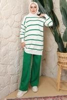 Tesettür giyim YEŞİL ÇİZGİLİ PANTOLONLU TRİKO TAKIM T 0508
