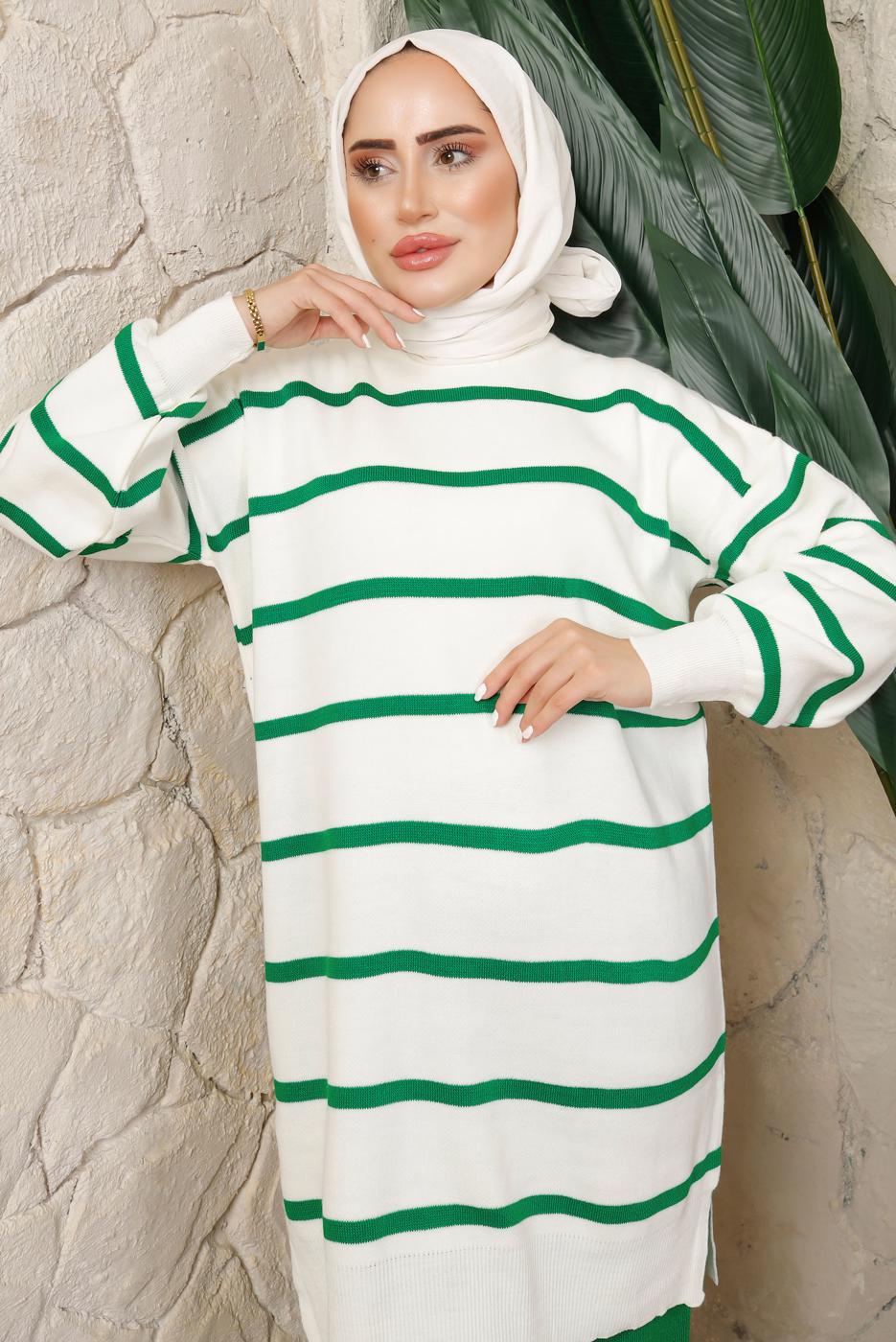 Tesettür giyim YEŞİL ÇİZGİLİ PANTOLONLU TRİKO TAKIM T 0508