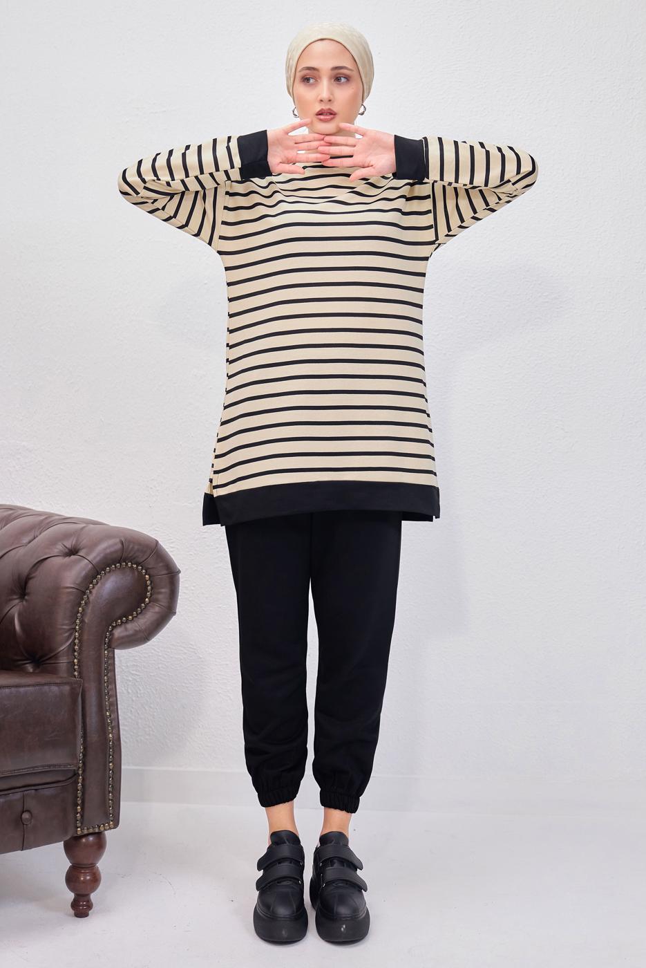 Tesettür giyim SİYAH ÇİZGİLİ PANTOLONLU TAKIM T 0643