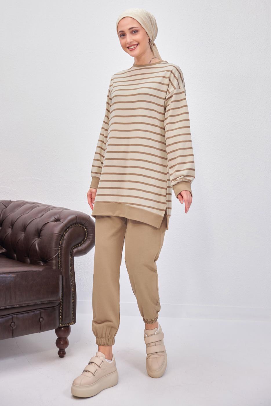 Tesettür giyim KAHVE ÇİZGİLİ PANTOLONLU TAKIM T 0643
