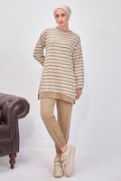 Tesettür giyim KAHVE ÇİZGİLİ PANTOLONLU TAKIM T 0643