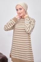 Tesettür giyim KAHVE ÇİZGİLİ PANTOLONLU TAKIM T 0643