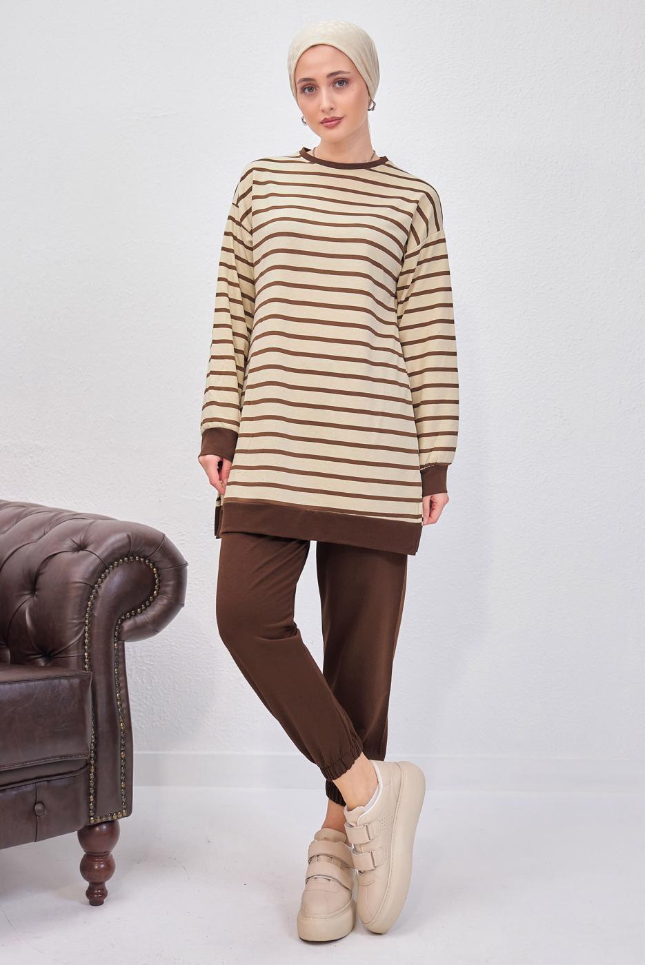 Tesettür giyim KAHVE ÇİZGİLİ PANTOLONLU TAKIM T 0643