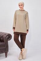 Tesettür giyim KAHVE ÇİZGİLİ PANTOLONLU TAKIM T 0643