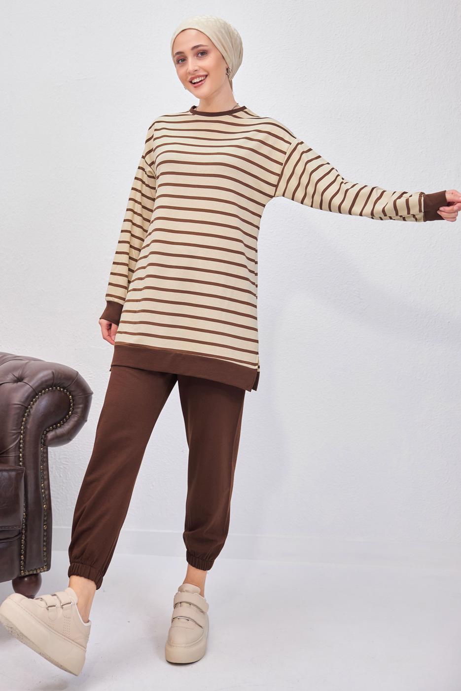 Tesettür giyim KAHVE ÇİZGİLİ PANTOLONLU TAKIM T 0643