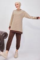 Tesettür giyim KAHVE ÇİZGİLİ PANTOLONLU TAKIM T 0643