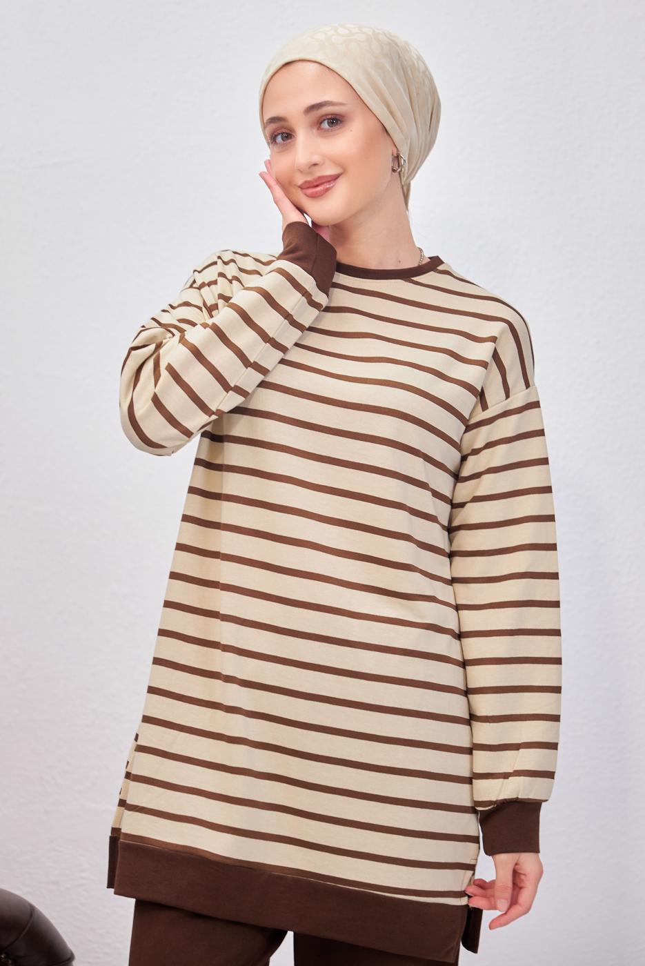 Tesettür giyim KAHVE ÇİZGİLİ PANTOLONLU TAKIM T 0643