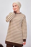 Tesettür giyim KAHVE ÇİZGİLİ PANTOLONLU TAKIM T 0643