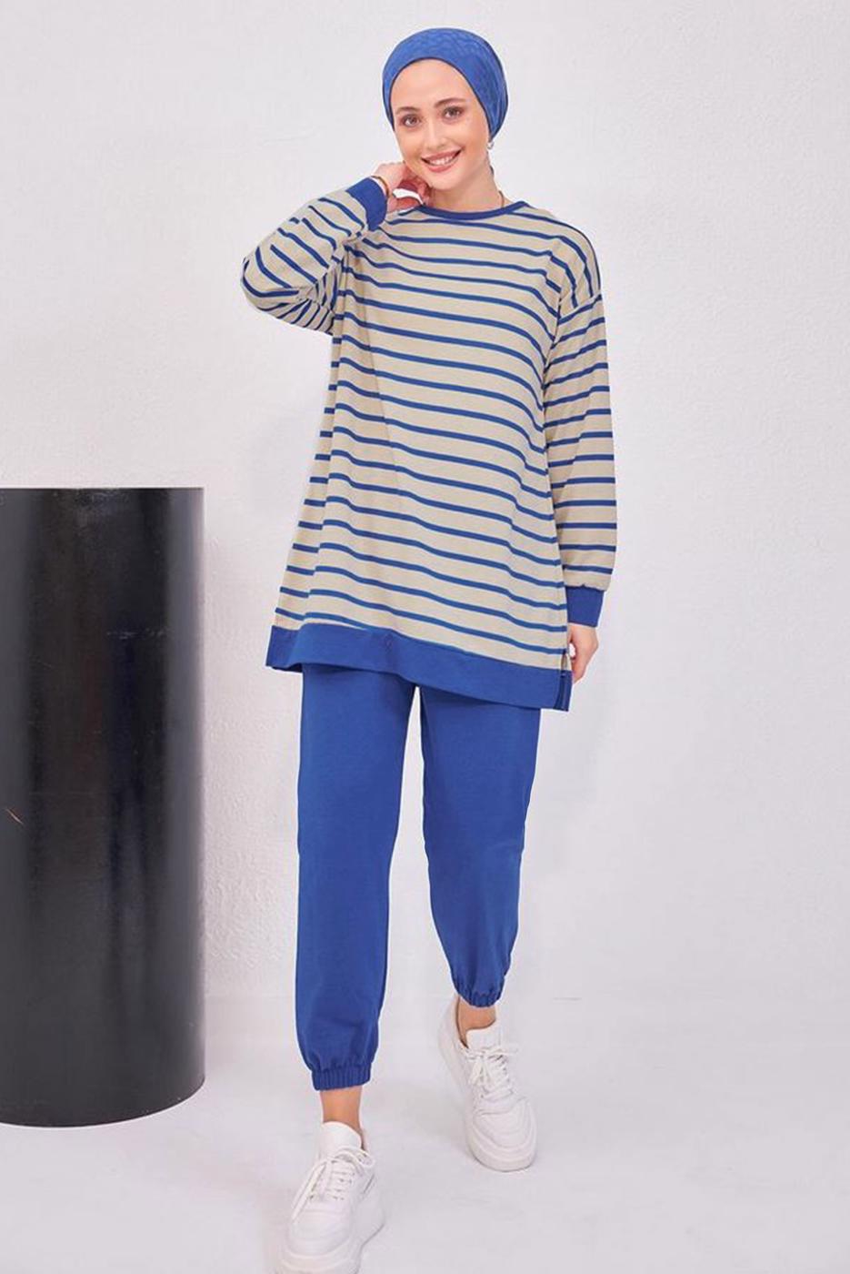 Tesettür giyim LACİVERT ÇİZGİLİ PANTOLONLU TAKIM T 0643