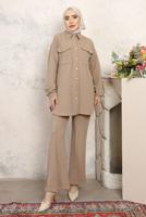 Tesettür giyim BEJ GÖMLEK YAKA PANTOLONLU TAKIM T 0843