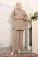 Tesettür giyim BEJ GÖMLEK YAKA PANTOLONLU TAKIM T 0843
