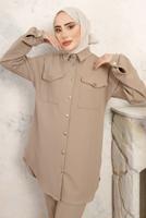 Tesettür giyim BEJ GÖMLEK YAKA PANTOLONLU TAKIM T 0843