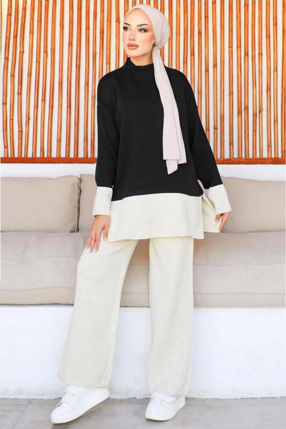 Tesettür giyim SİYAH PANTOLONLU TRİKO TAKIM T 10032