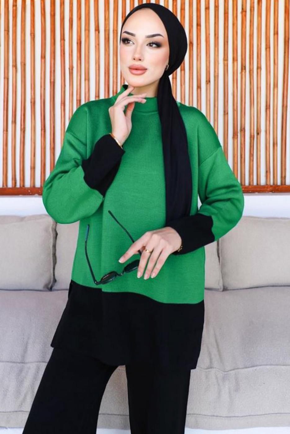 Tesettür giyim YEŞİL PANTOLONLU TRİKO TAKIM T 10032