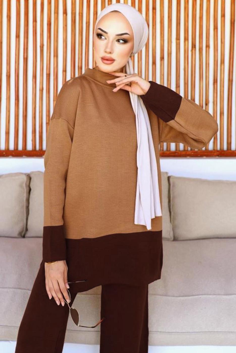 Tesettür giyim KAHVE PANTOLONLU TRİKO TAKIM T 10032