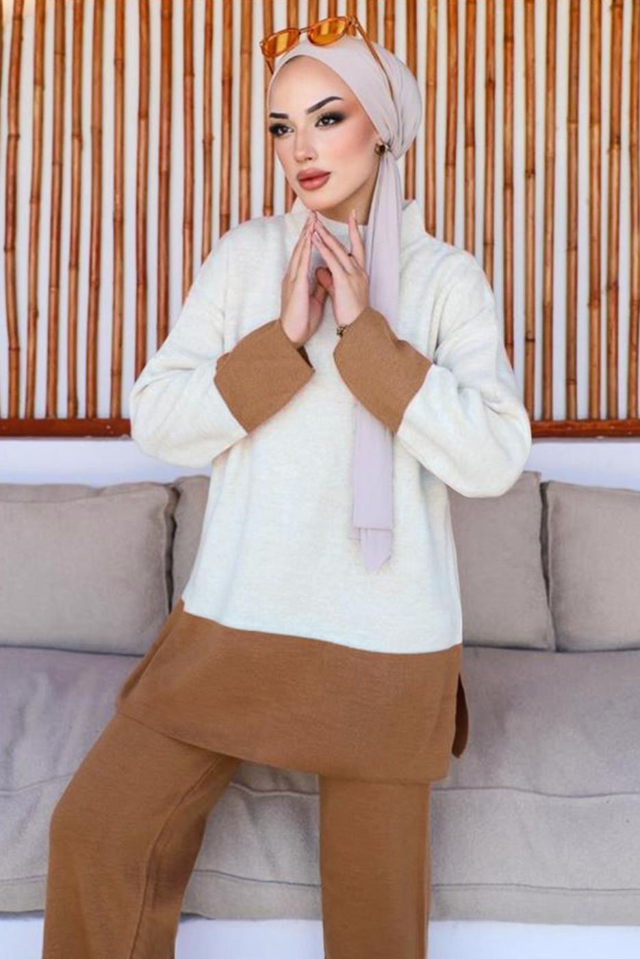 Tesettür giyim BEJ PANTOLONLU TRİKO TAKIM T 10032