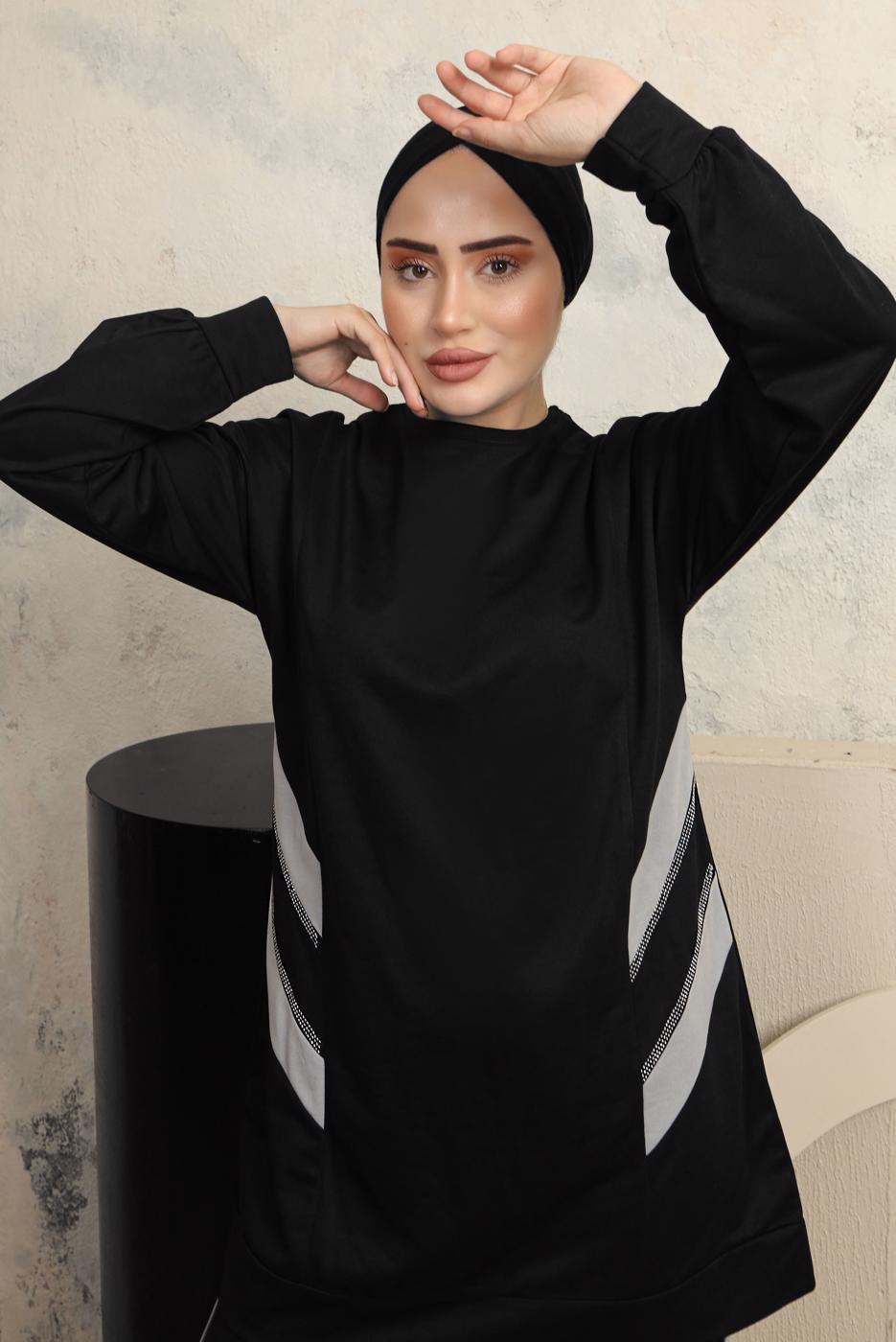 Tesettür giyim SİYAH ŞERİT DETAYLI PANTOLONLU EŞOFMAN TAKIM T 1043