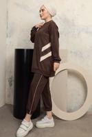 Tesettür giyim KAHVE ŞERİT DETAYLI PANTOLONLU EŞOFMAN TAKIM T 1043