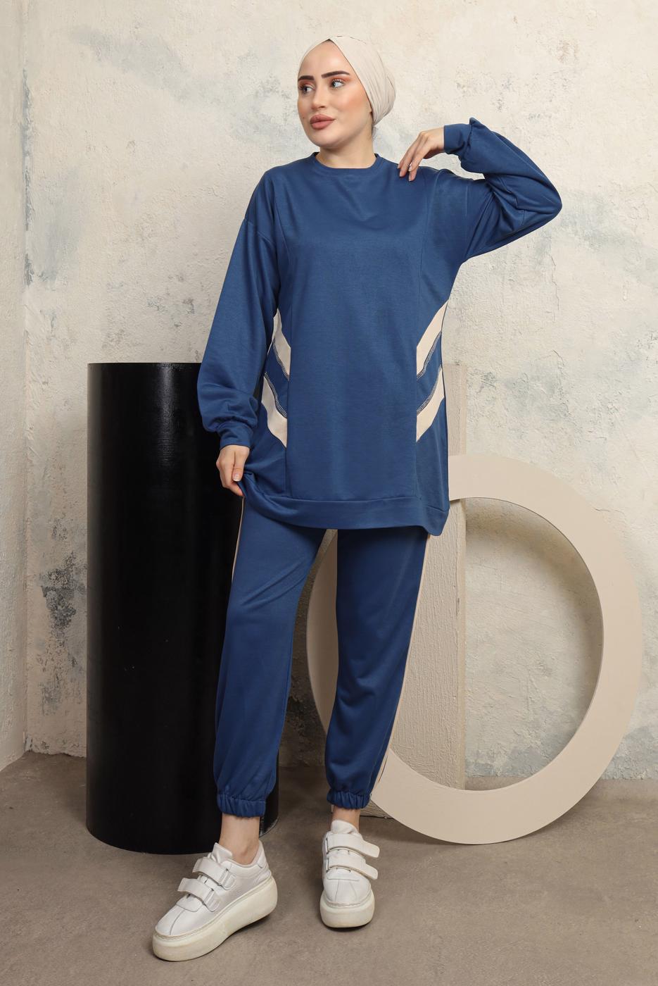 Tesettür giyim LACİVERT ŞERİT DETAYLI PANTOLONLU EŞOFMAN TAKIM T 1043