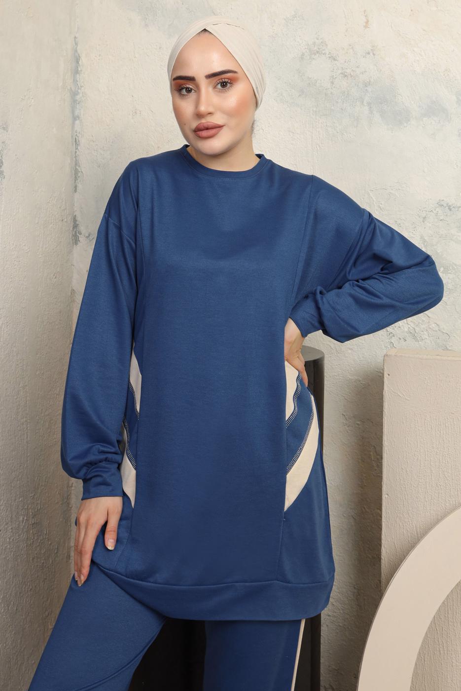 Tesettür giyim LACİVERT ŞERİT DETAYLI PANTOLONLU EŞOFMAN TAKIM T 1043