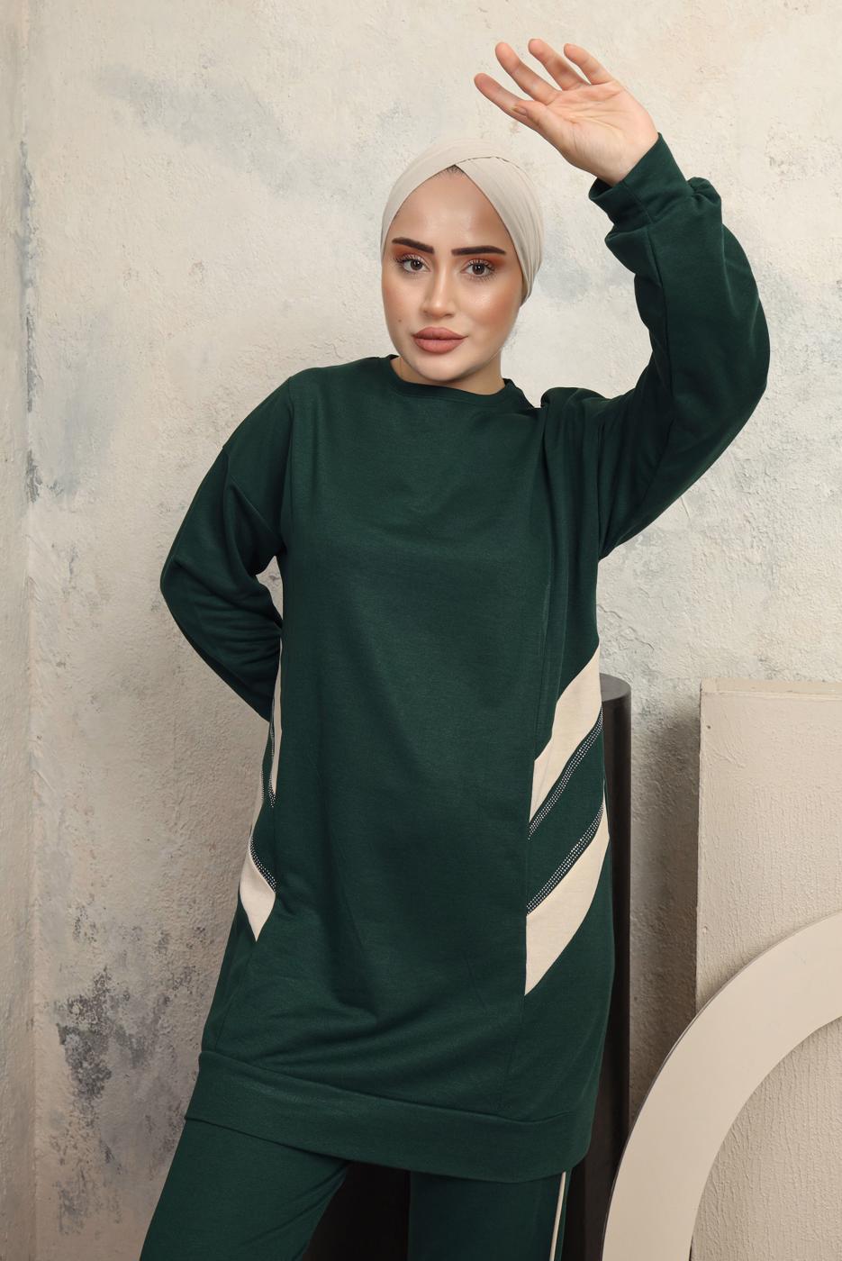 Tesettür giyim YEŞİL ŞERİT DETAYLI PANTOLONLU EŞOFMAN TAKIM T 1043