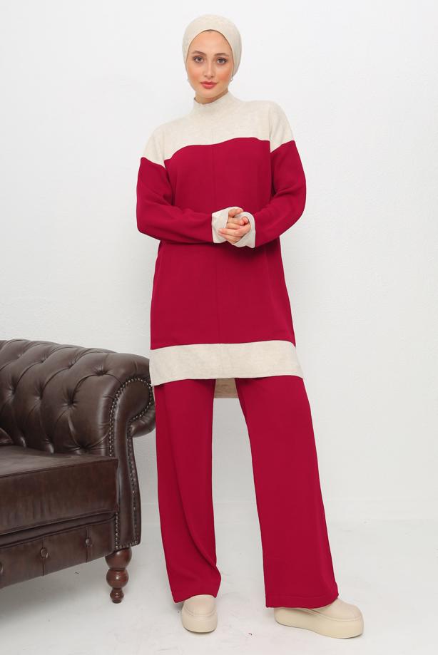 Vêtements hijab ROUGE ENSEMBLE PANTALON EN MAILLE À COL ROULÉ T 1108 - TRENDTESETTÜR