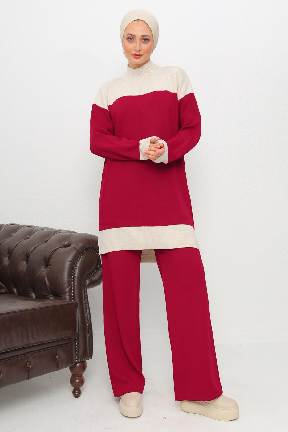 Tesettür giyim KIRMIZI BOĞAZLI YAKA PANTOLONLU TRİKO TAKIM T 1108