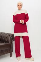 Tesettür giyim KIRMIZI BOĞAZLI YAKA PANTOLONLU TRİKO TAKIM T 1108