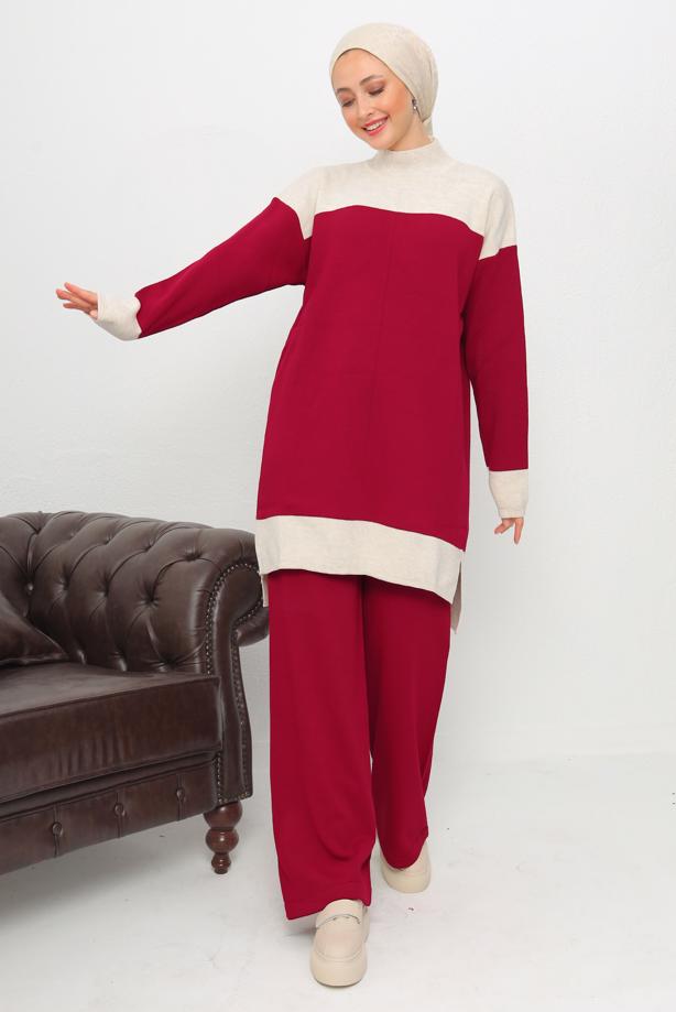 Vêtements hijab ROUGE ENSEMBLE PANTALON EN MAILLE À COL ROULÉ T 1108 - TRENDTESETTÜR