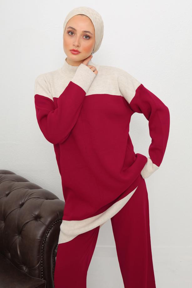 Vêtements hijab ROUGE ENSEMBLE PANTALON EN MAILLE À COL ROULÉ T 1108 - TRENDTESETTÜR