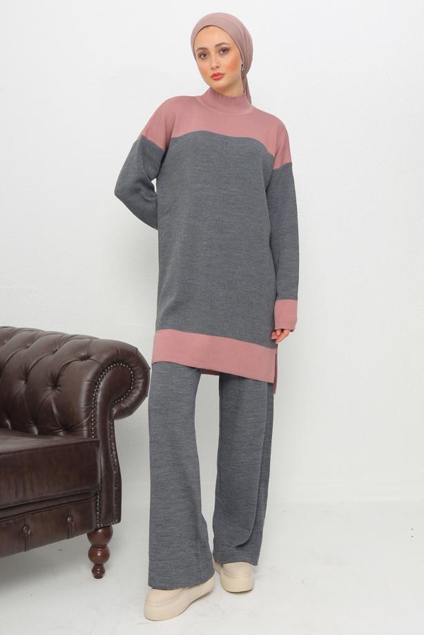 Vêtements hijab GRIS ENSEMBLE PANTALON EN MAILLE À COL ROULÉ T 1108 - TRENDTESETTÜR