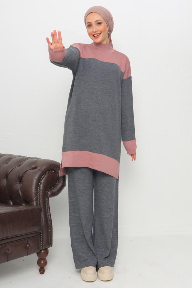 Vêtements hijab GRIS ENSEMBLE PANTALON EN MAILLE À COL ROULÉ T 1108 - TRENDTESETTÜR